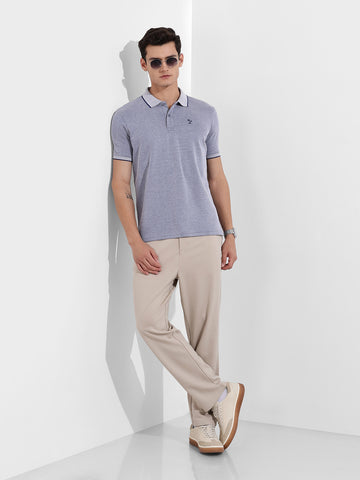 Men's Blue Regular Fit Textured Casual T-Shirt
