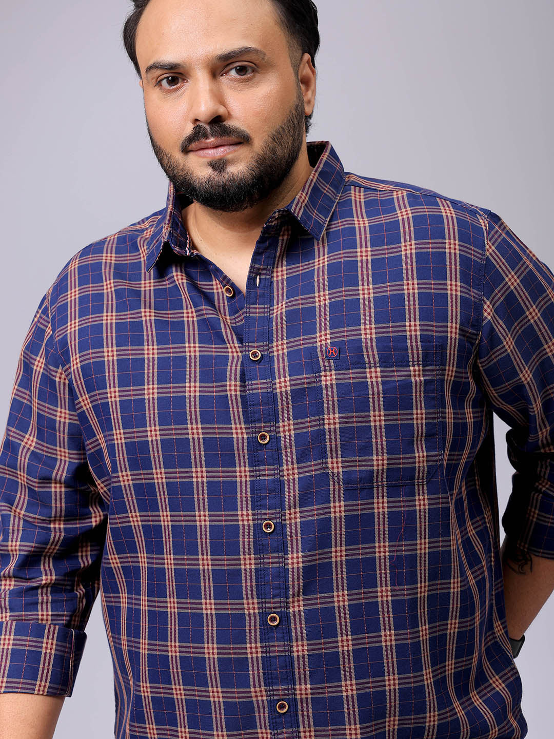 Men's Plus Size Regular Fit Windowpane Checks Casual Shirt