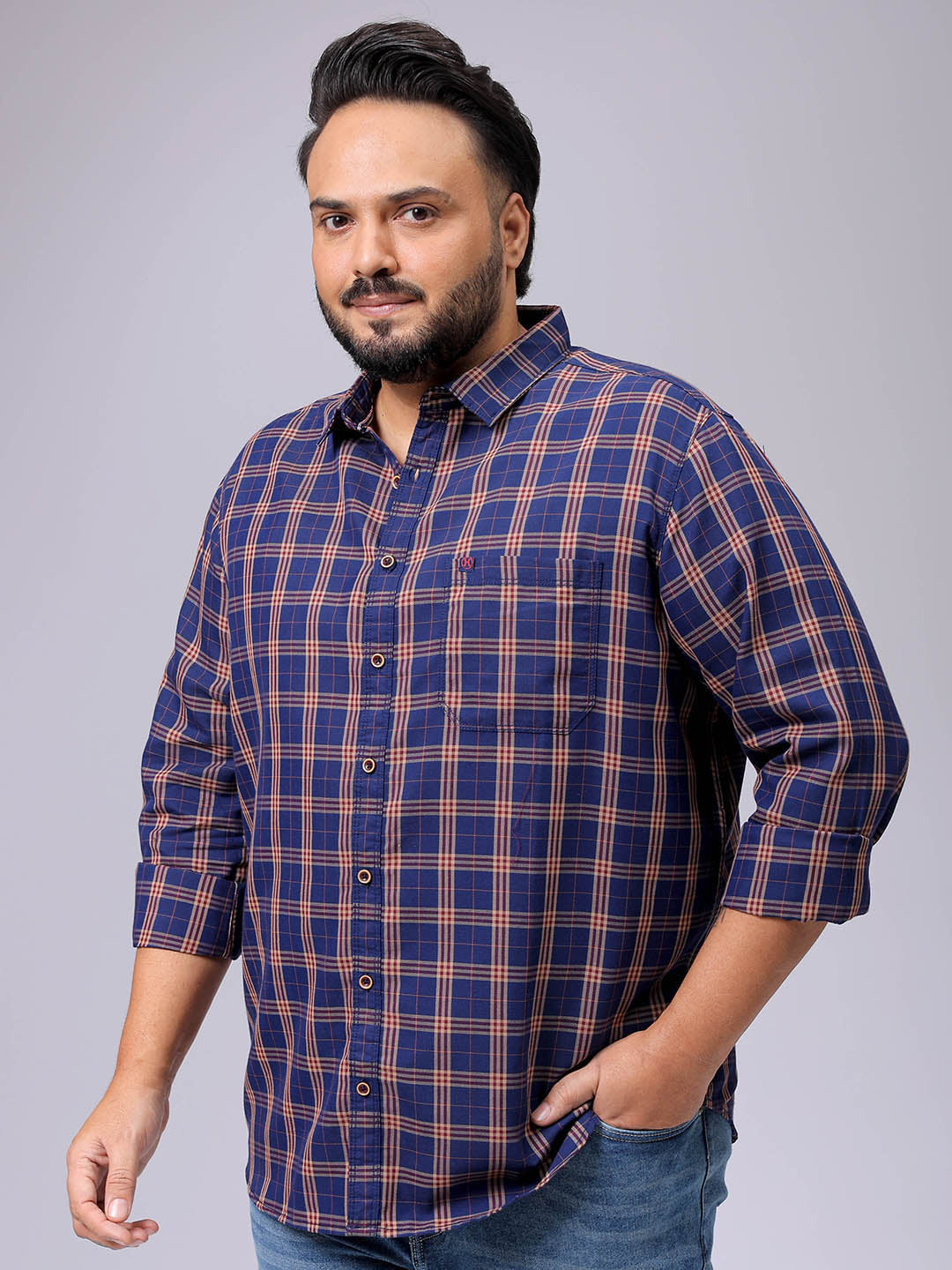Men's Plus Size Regular Fit Windowpane Checks Casual Shirt