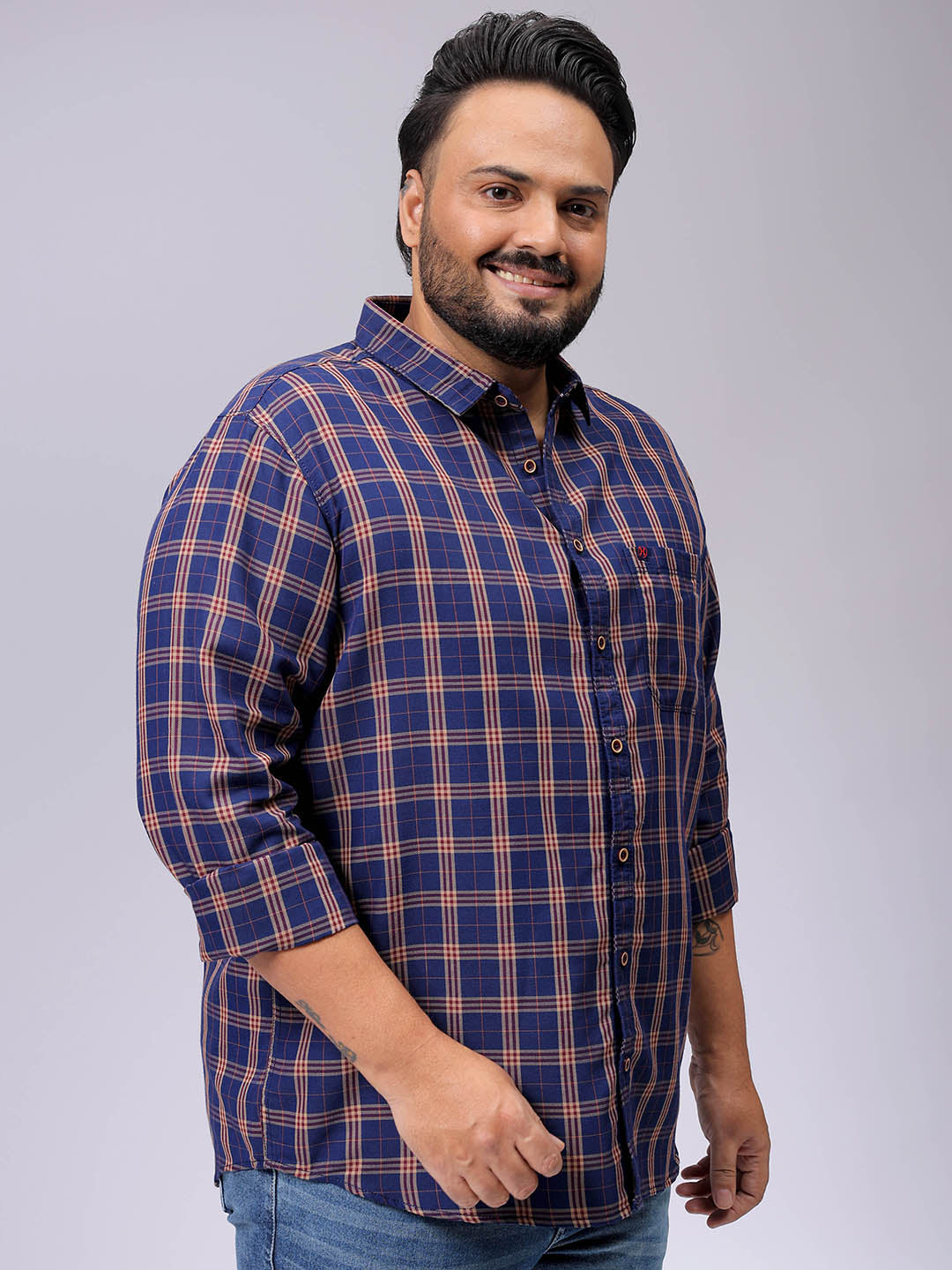 Men's Plus Size Regular Fit Windowpane Checks Casual Shirt