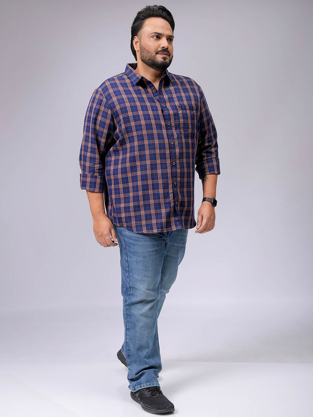 Men's Plus Size Regular Fit Windowpane Checks Casual Shirt