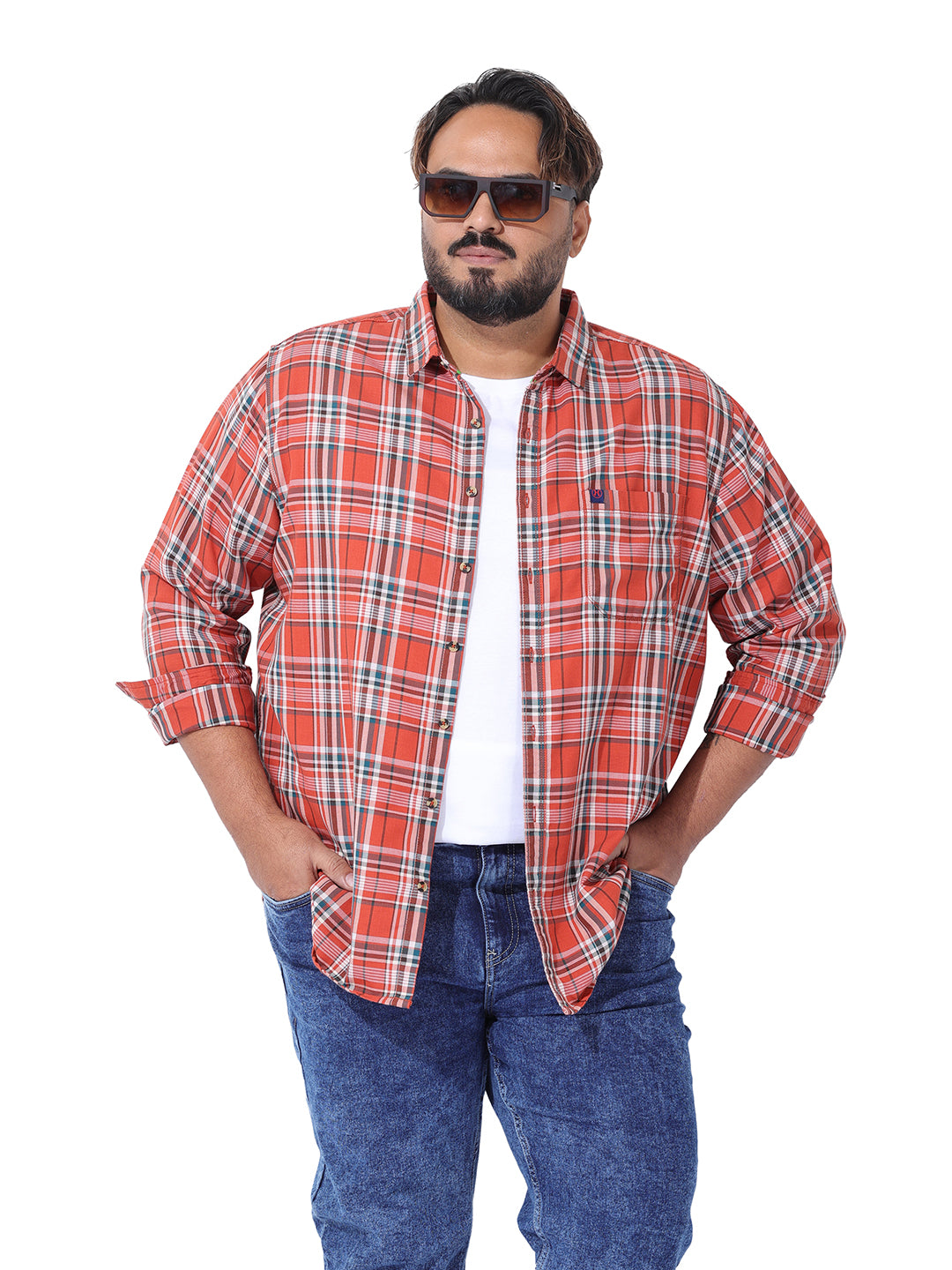Men's Orange Regular Fit Checked Casual Shirt
