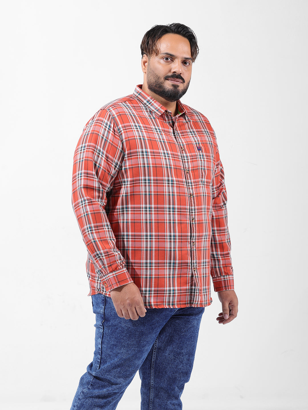 Men's Orange Regular Fit Checked Casual Shirt