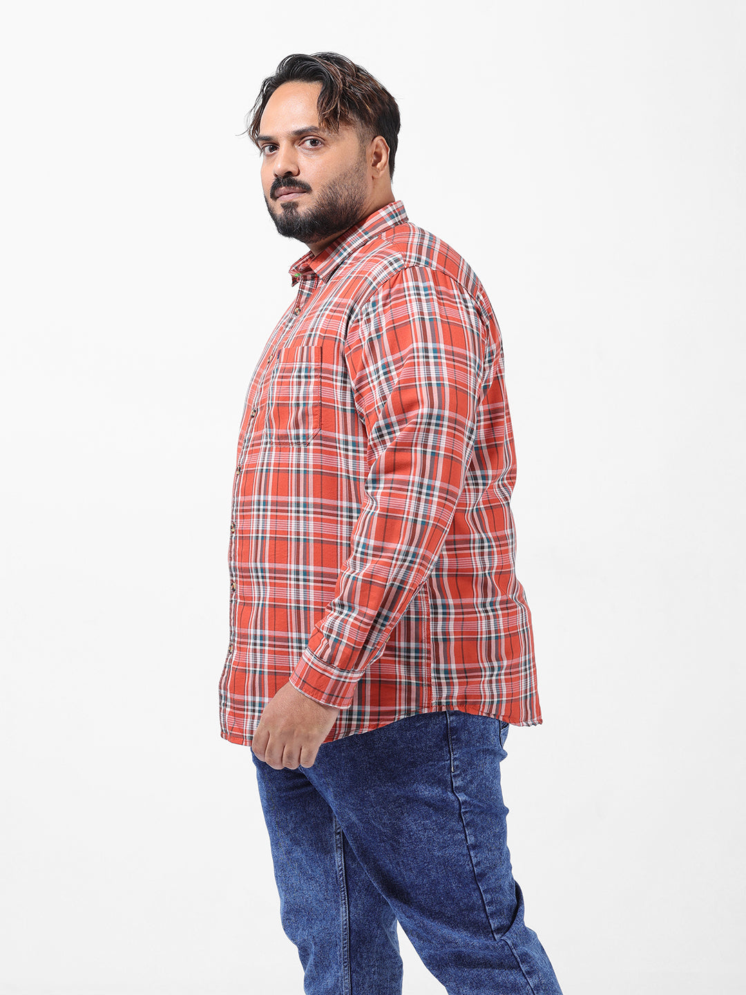 Men's Orange Regular Fit Checked Casual Shirt
