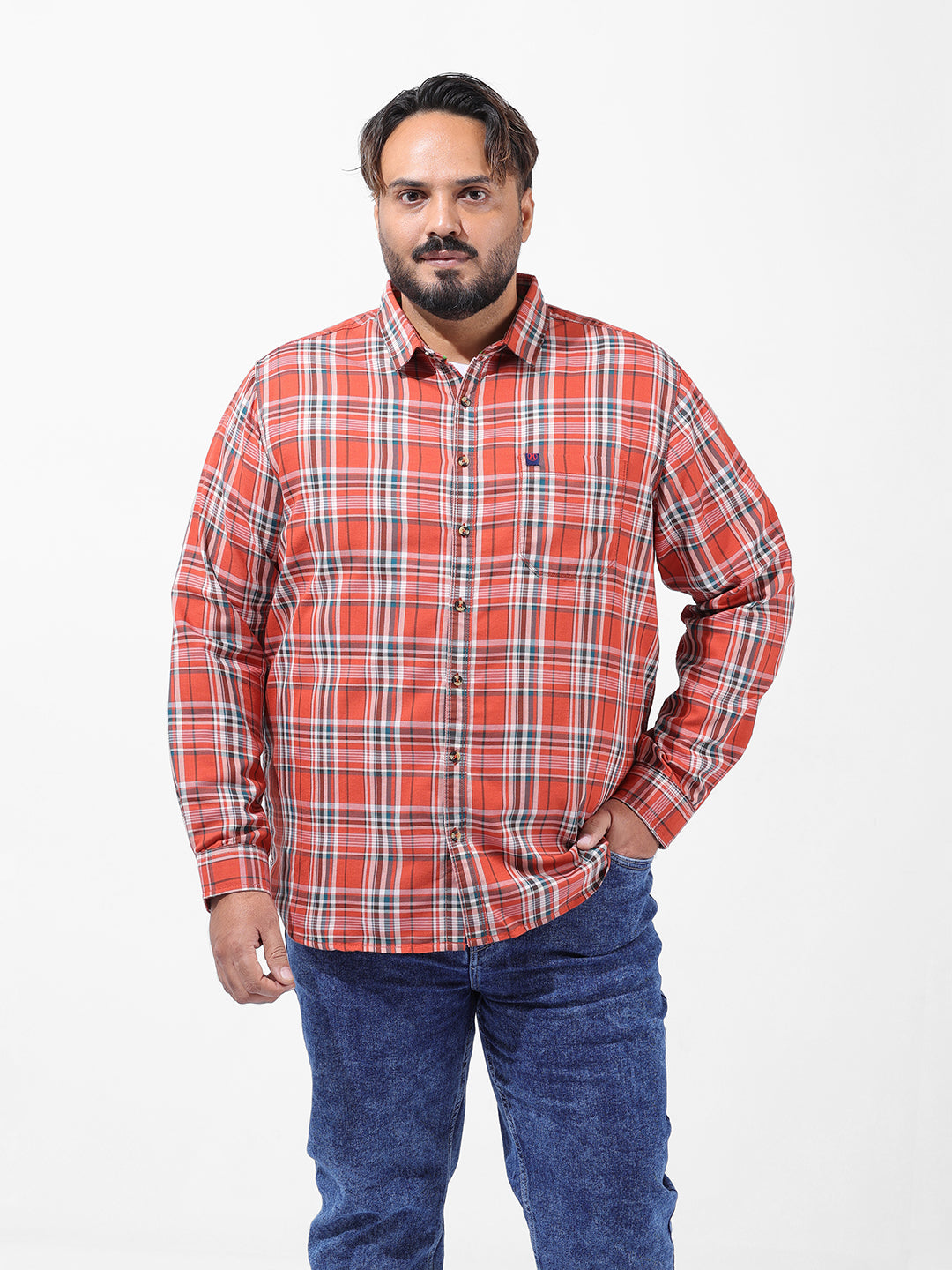 Men's Orange Regular Fit Checked Casual Shirt