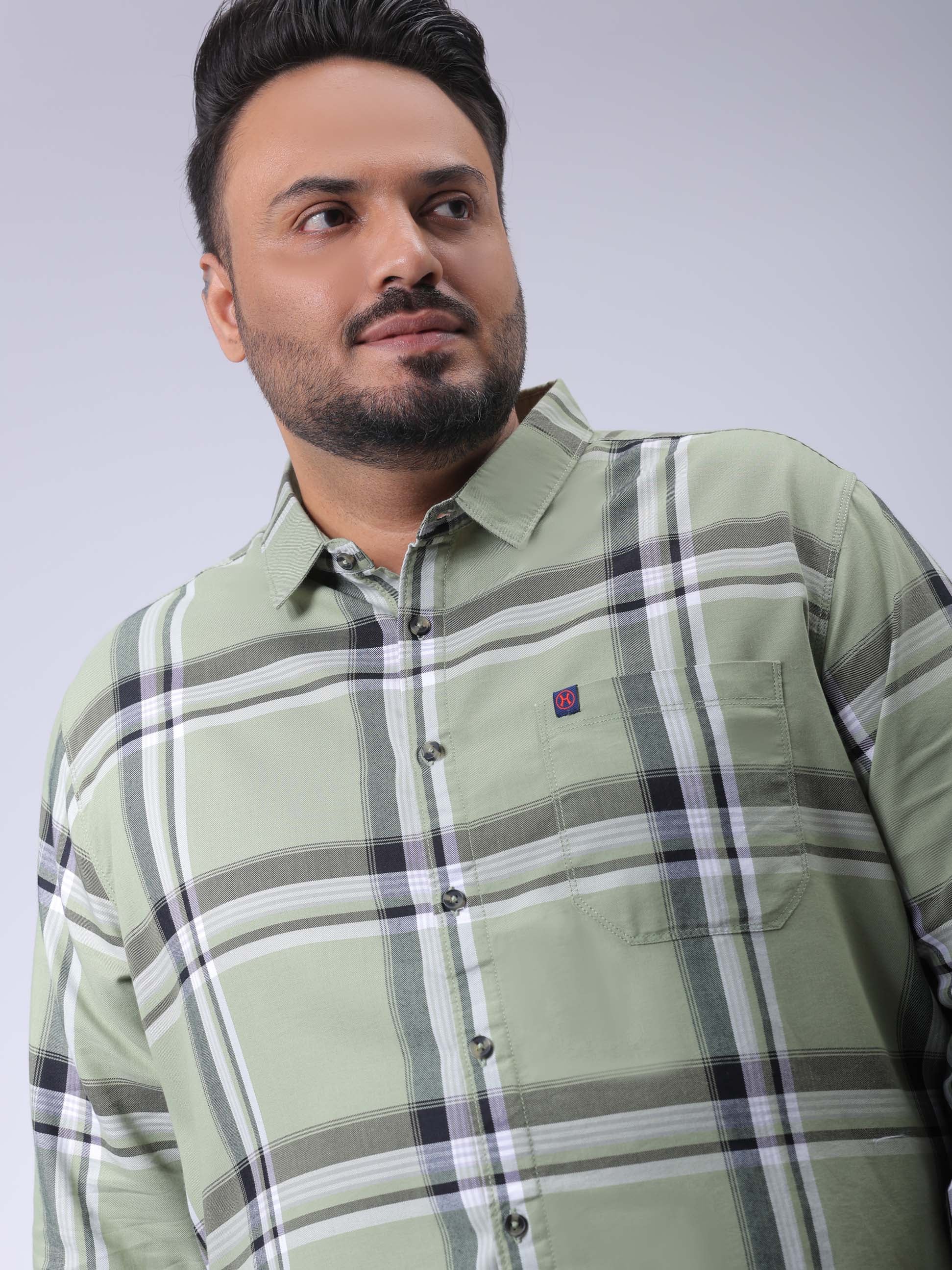 Men's Plus Size Green Regular Fit Checked Casual Shirt