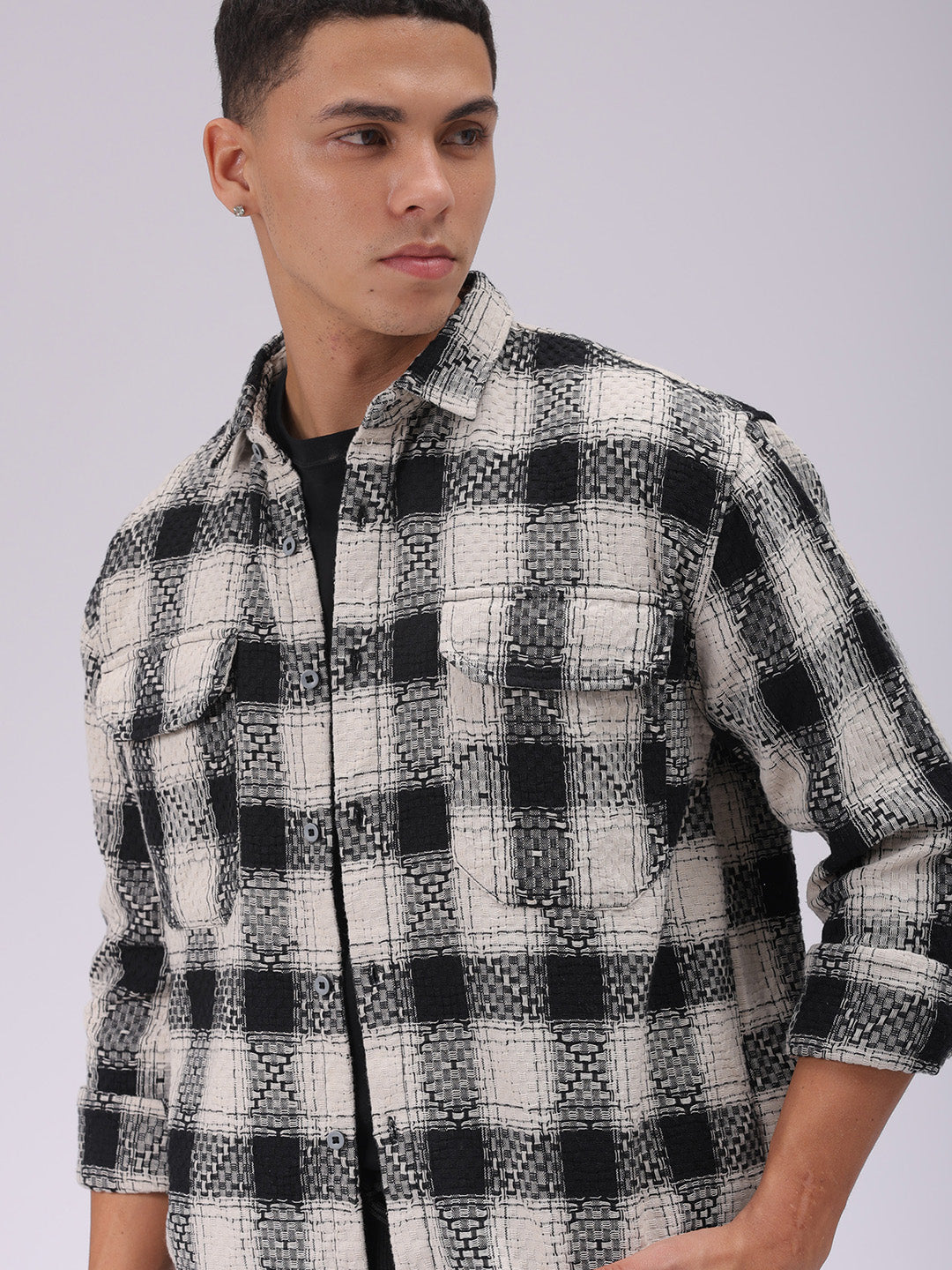 Men's Black Relaxed Fit Checked Resortwear Shirt