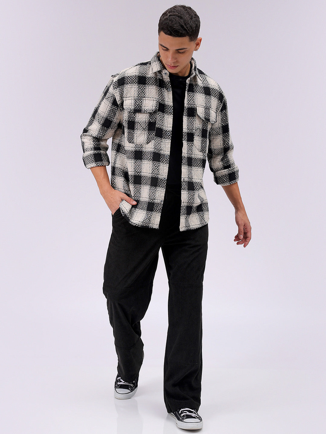 Men's Black Relaxed Fit Checked Resortwear Shirt