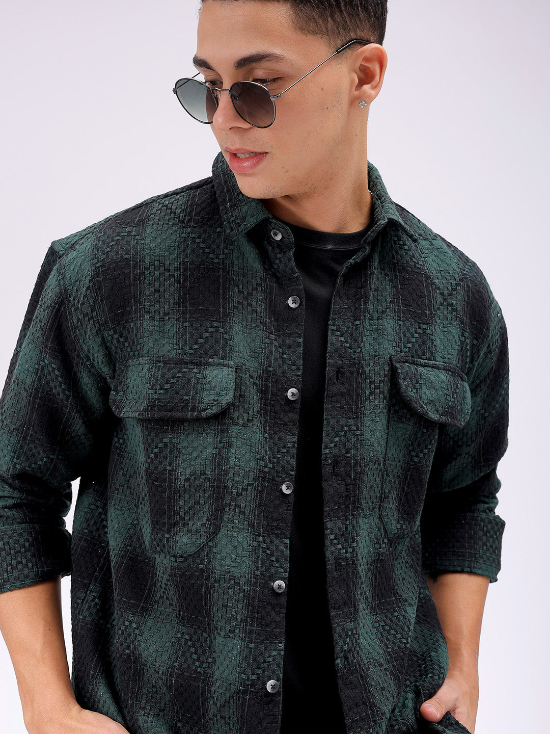 Men's Green Relaxed Fit Checked Resortwear Shirt