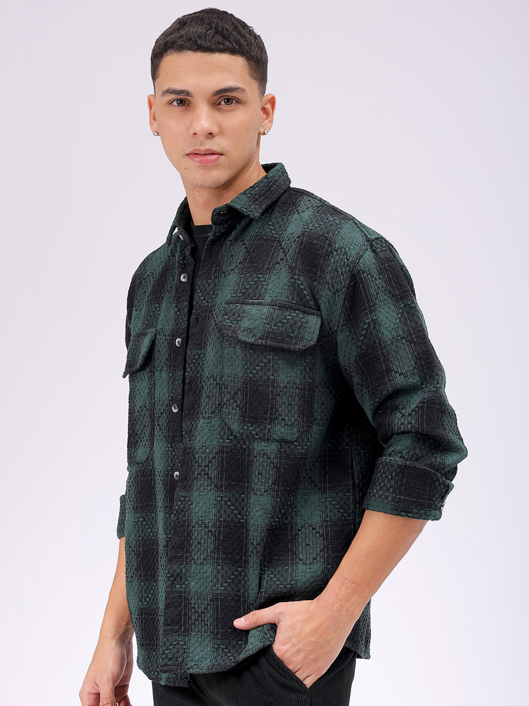 Men's Green Relaxed Fit Checked Resortwear Shirt