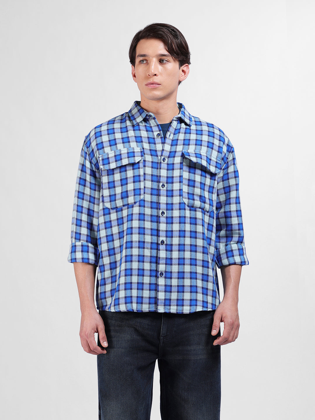 Men's Blue Relaxed Fit Checked Casual Shirt