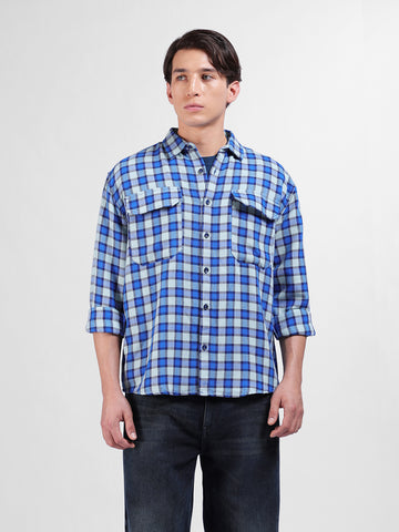 Men's Blue Relaxed Fit Checked Casual Shirt