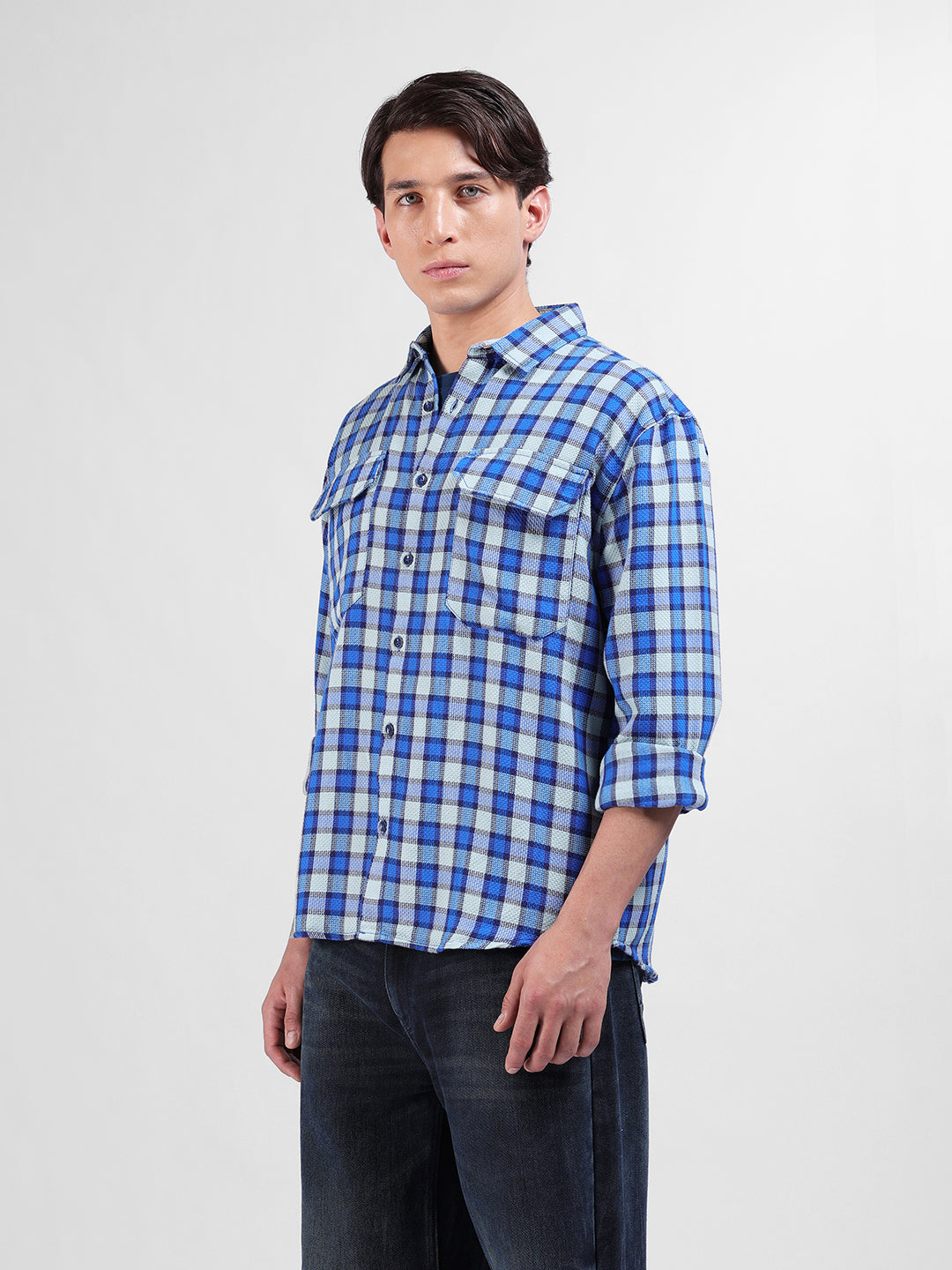 Men's Blue Relaxed Fit Checked Casual Shirt