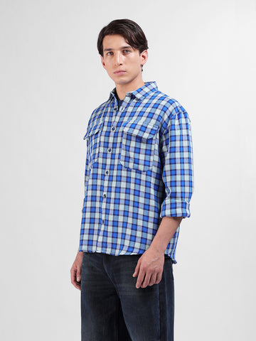 Men's Blue Relaxed Fit Checked Casual Shirt