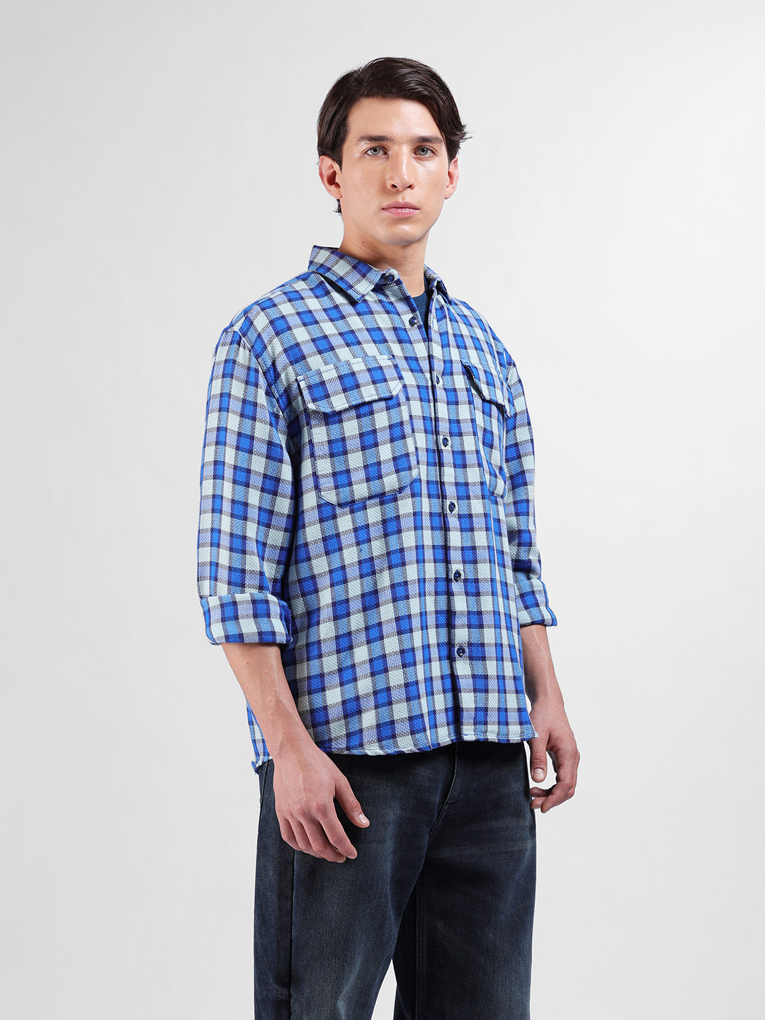 Men's Blue Relaxed Fit Checked Casual Shirt