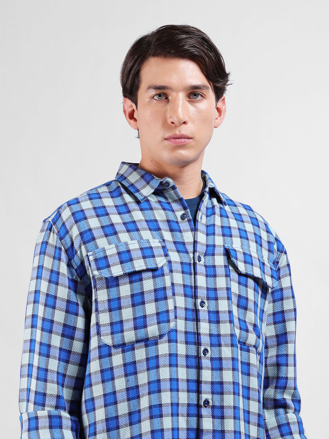 Men's Blue Relaxed Fit Checked Casual Shirt