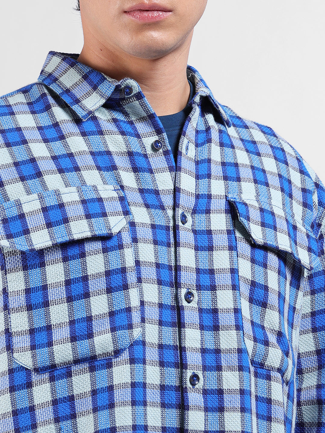 Men's Blue Relaxed Fit Checked Casual Shirt