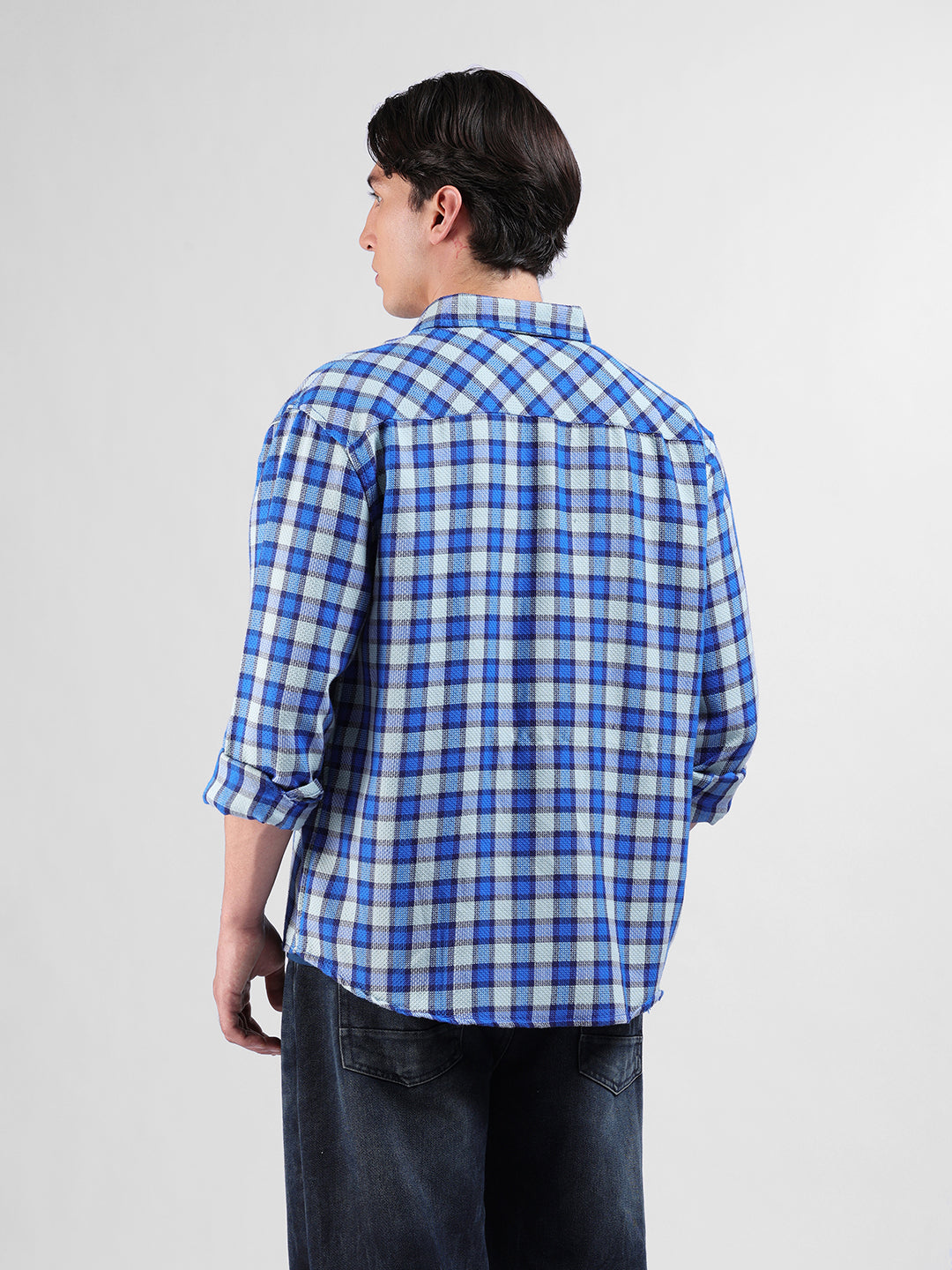 Men's Blue Relaxed Fit Checked Casual Shirt
