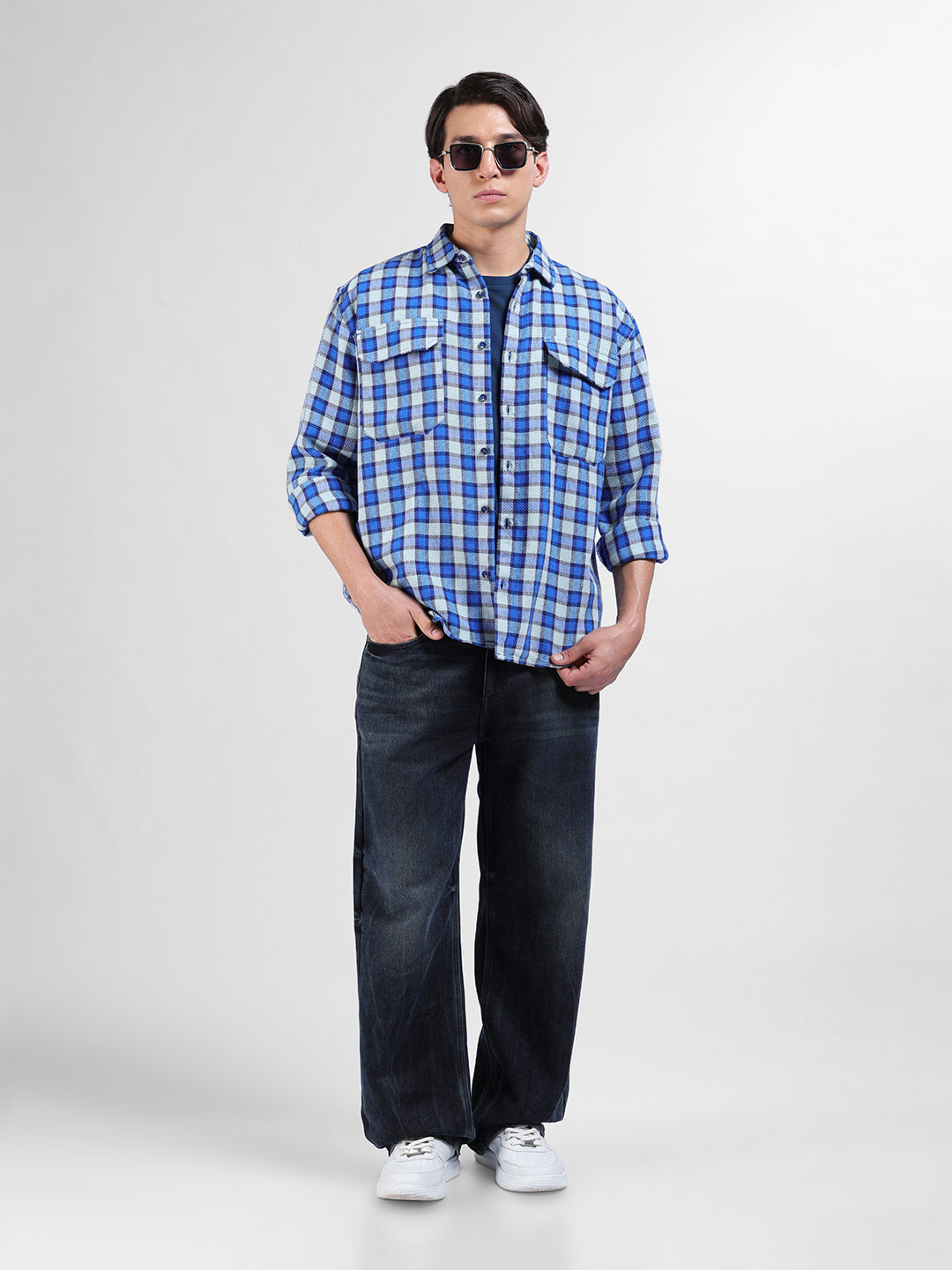 Men's Blue Relaxed Fit Checked Casual Shirt