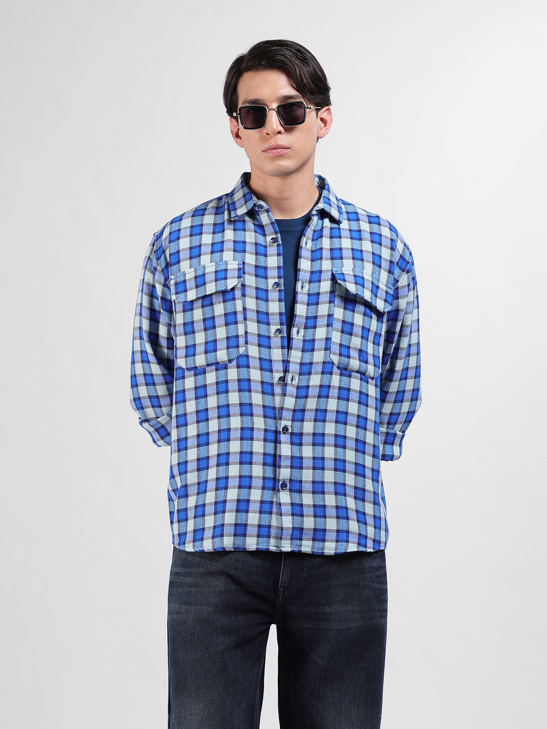 Men's Blue Relaxed Fit Checked Casual Shirt