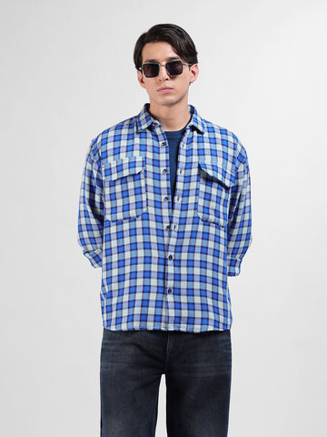 Men's Blue Relaxed Fit Checked Casual Shirt