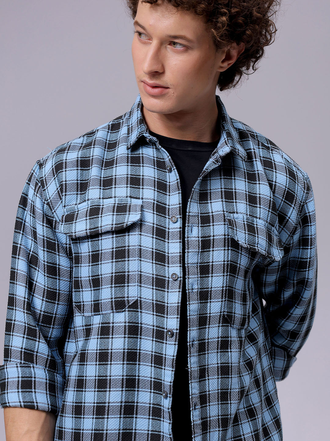 Men's Blue Relaxed Fit Checked Casual Shirt
