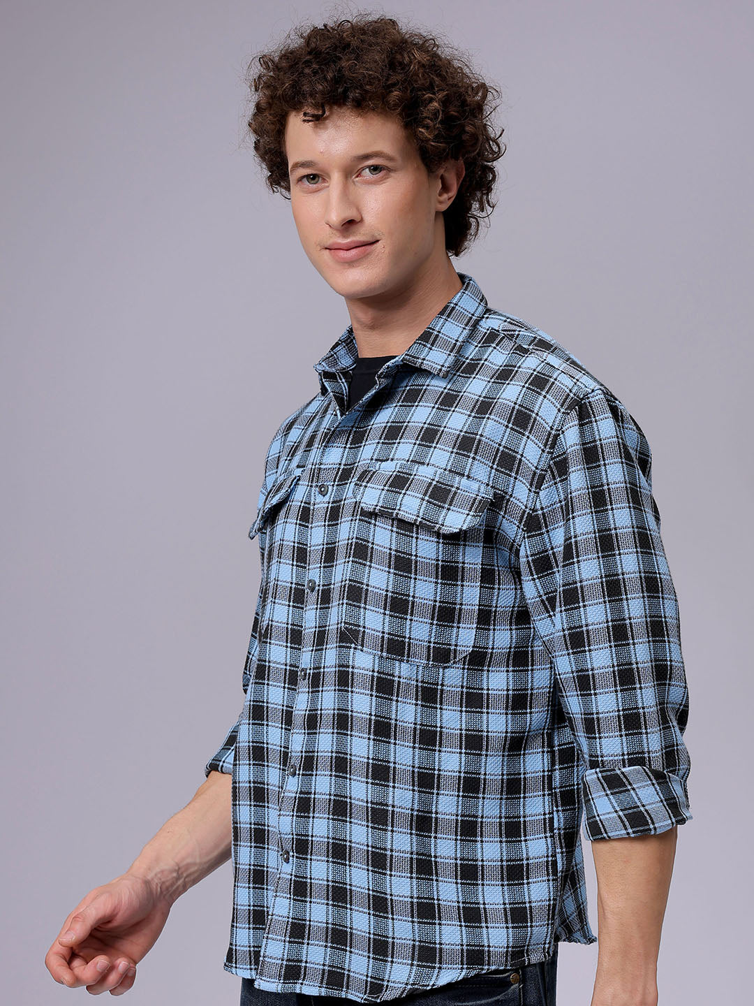 Men's Blue Relaxed Fit Checked Casual Shirt