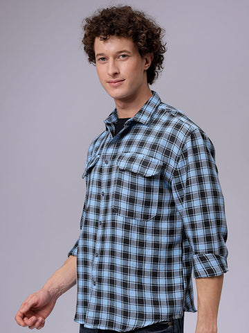 Men's Blue Relaxed Fit Checked Casual Shirt