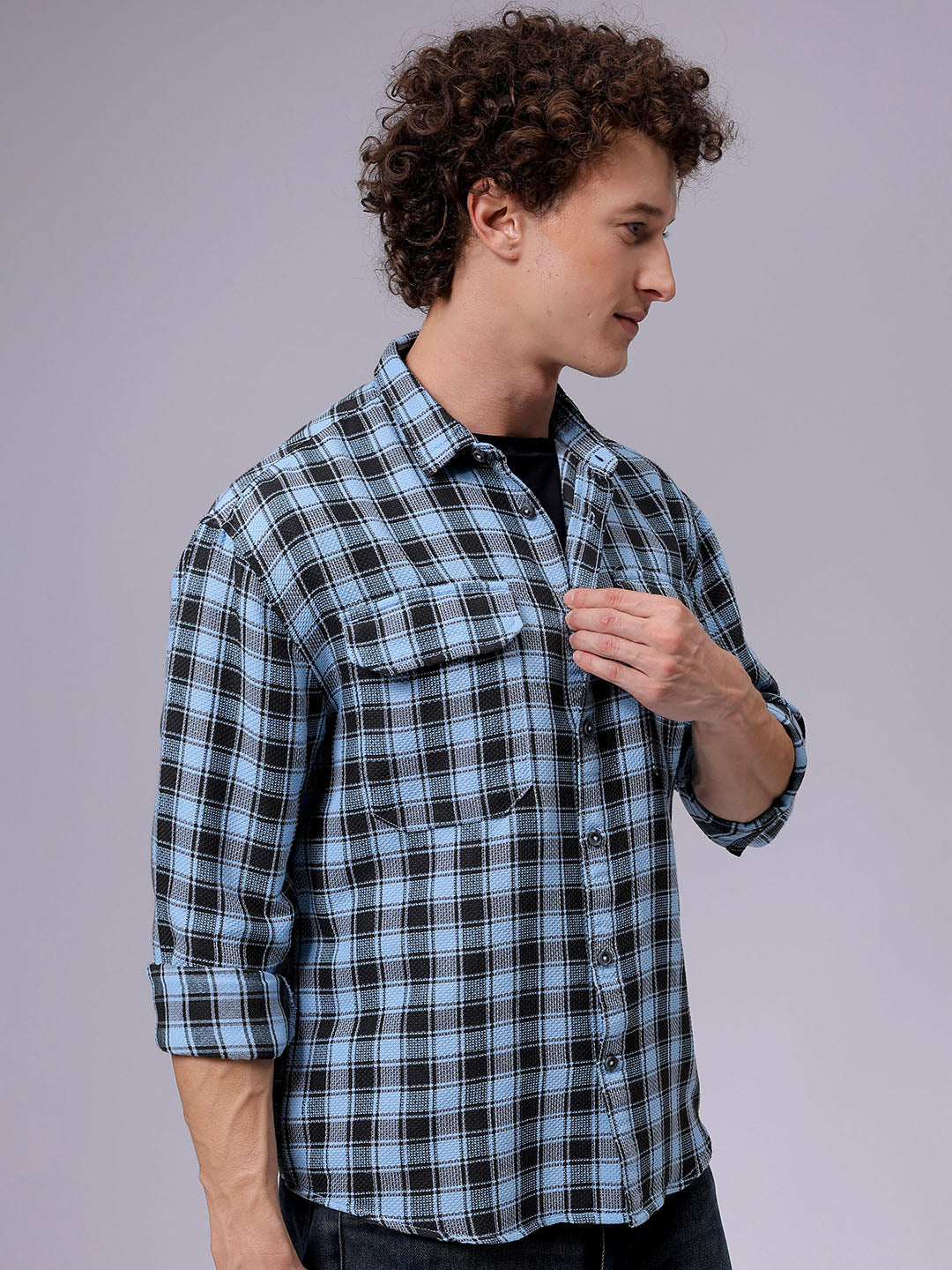 Men's Blue Relaxed Fit Checked Casual Shirt
