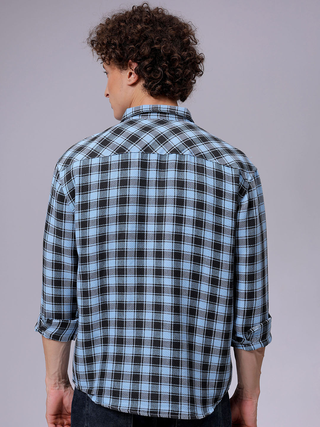 Men's Blue Relaxed Fit Checked Casual Shirt