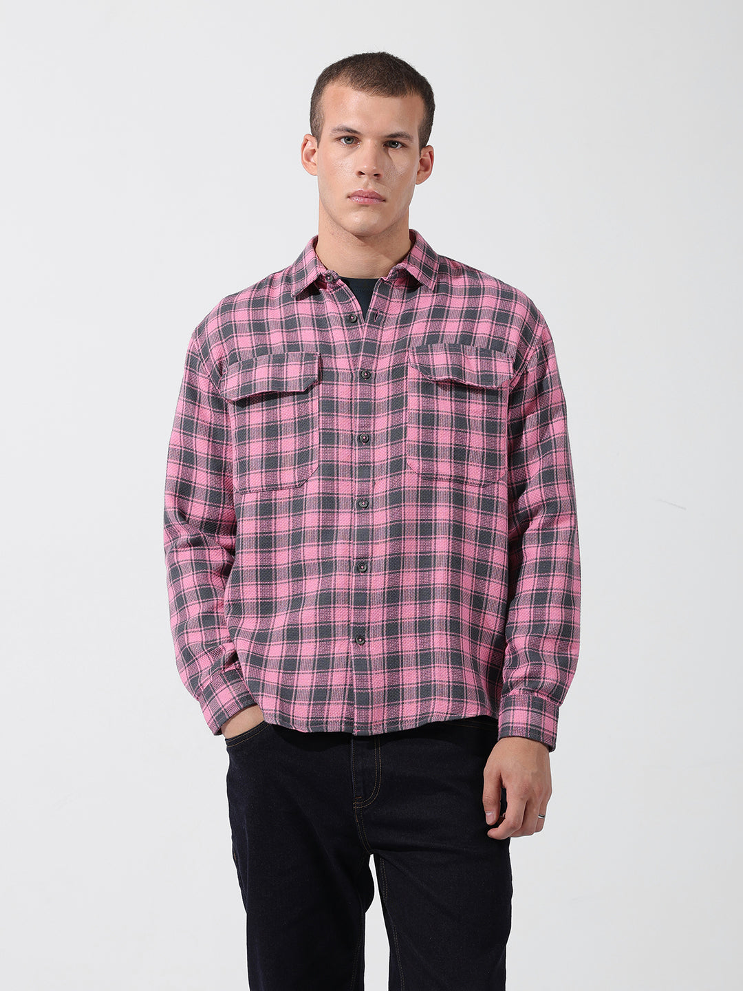 Men's Pink Relaxed Fit Checked Casual Shirt