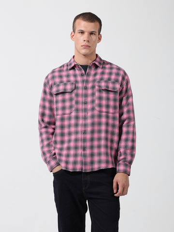 Men's Pink Relaxed Fit Checked Casual Shirt