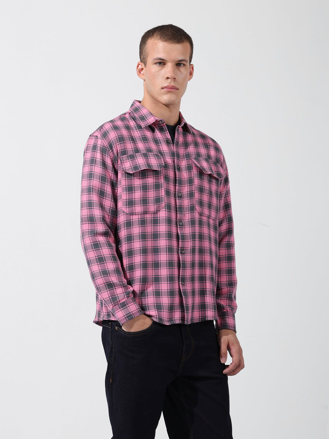Men's Pink Relaxed Fit Checked Casual Shirt