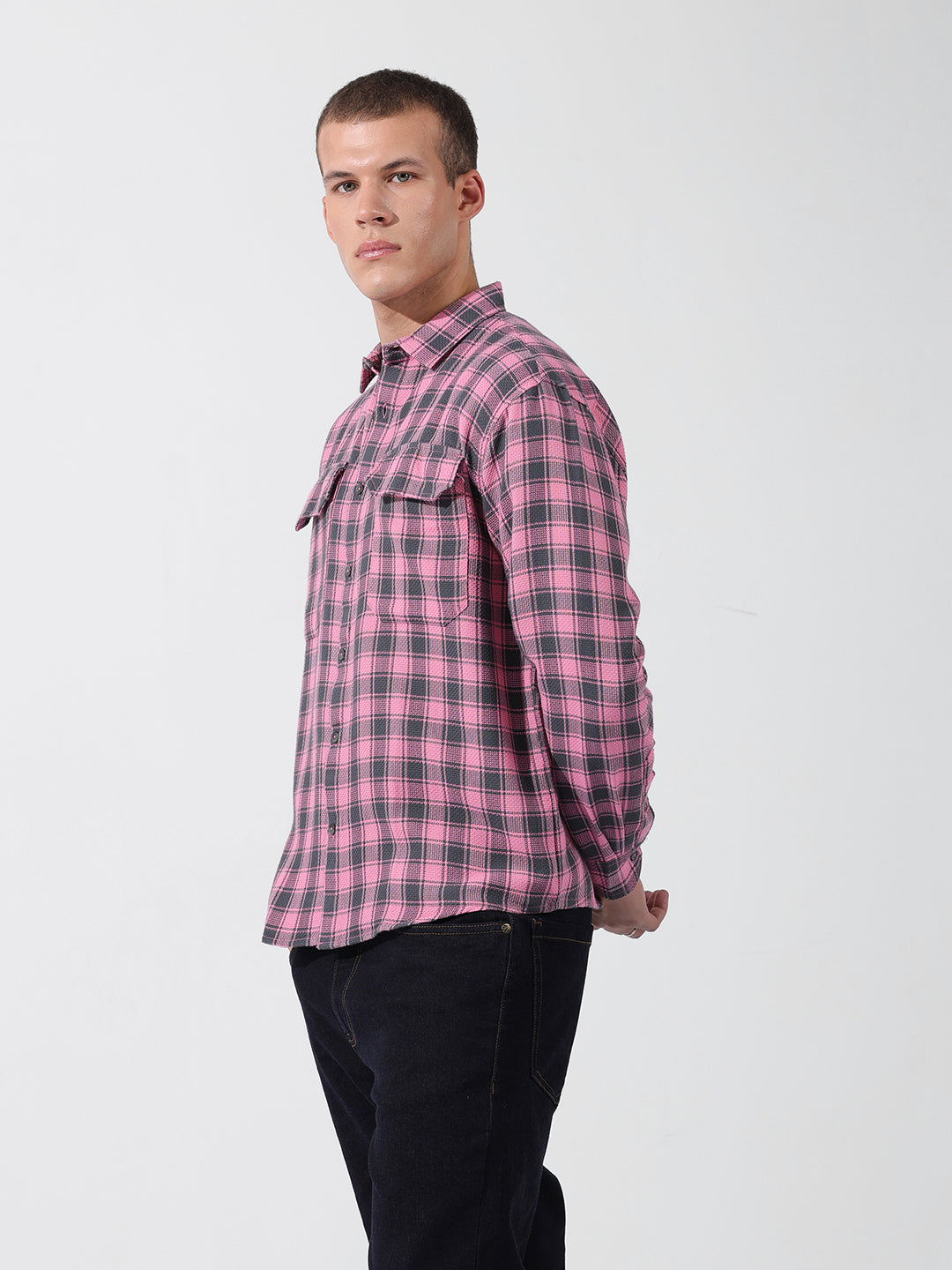 Men's Pink Relaxed Fit Checked Casual Shirt