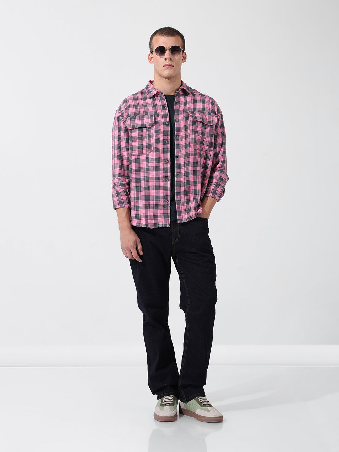 Men's Pink Relaxed Fit Checked Casual Shirt