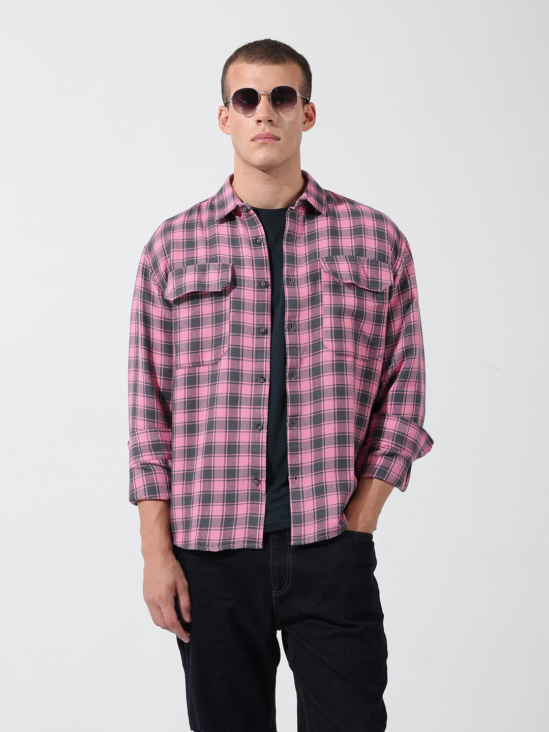 Men's Pink Relaxed Fit Checked Casual Shirt