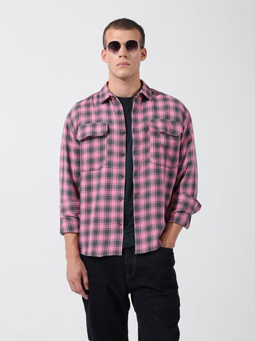 Men's Pink Relaxed Fit Checked Casual Shirt