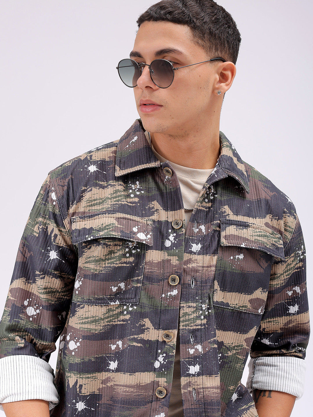 Men's Olive Regular Fit Camouflage Streetwear Overshirt