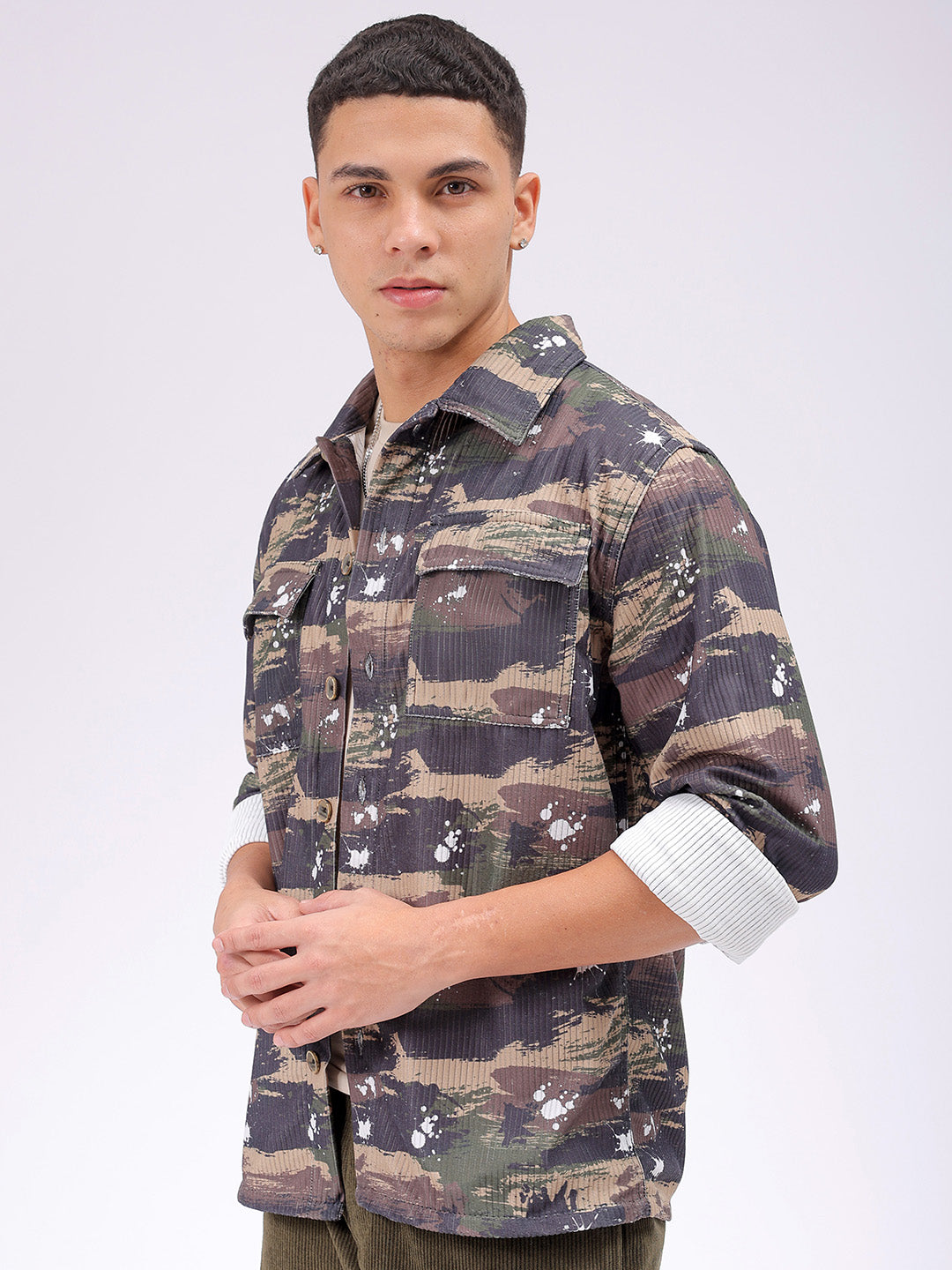 Men's Olive Regular Fit Camouflage Streetwear Overshirt