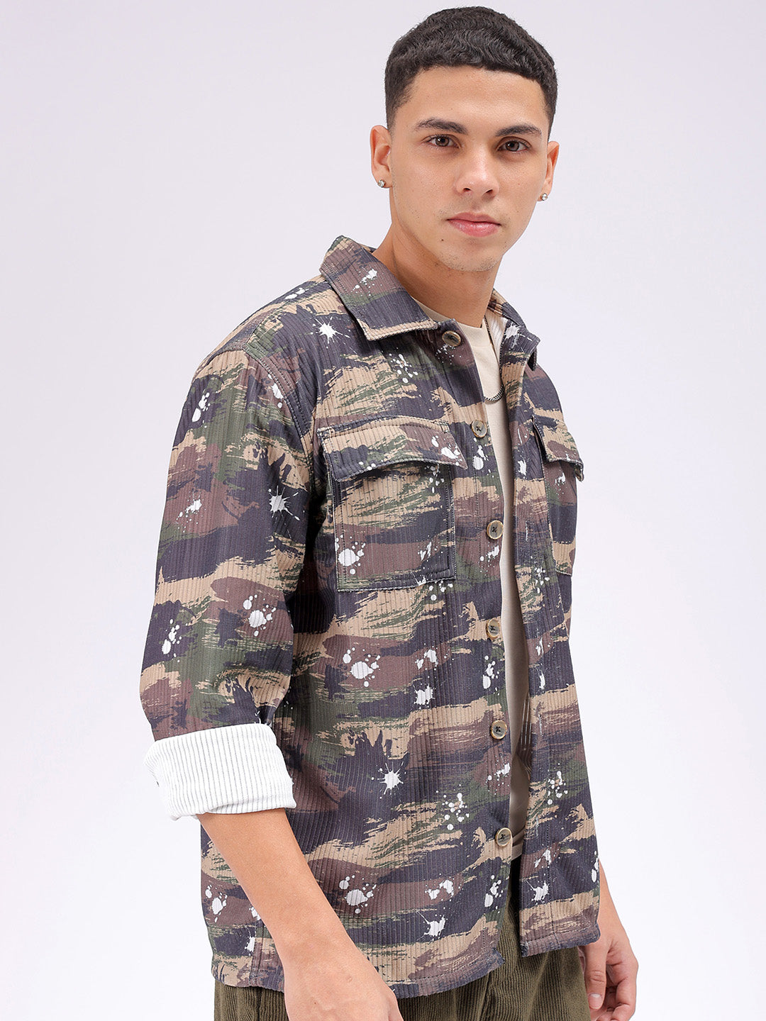 Men's Olive Regular Fit Camouflage Streetwear Overshirt