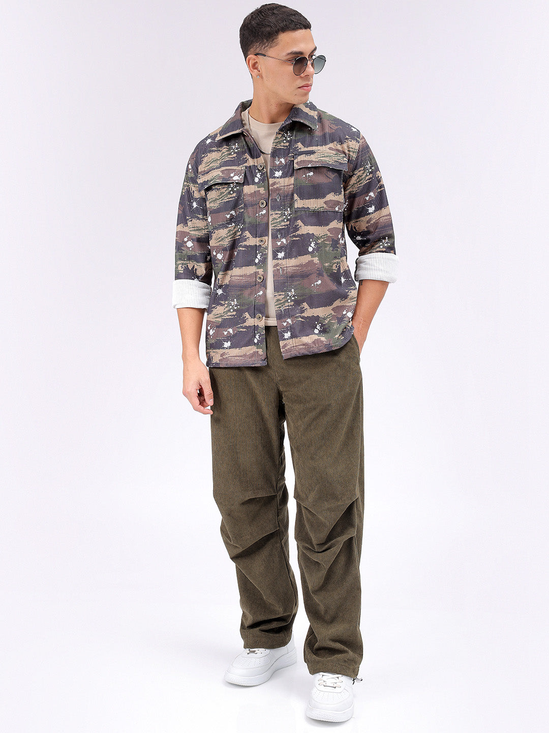 Men's Olive Regular Fit Camouflage Streetwear Overshirt