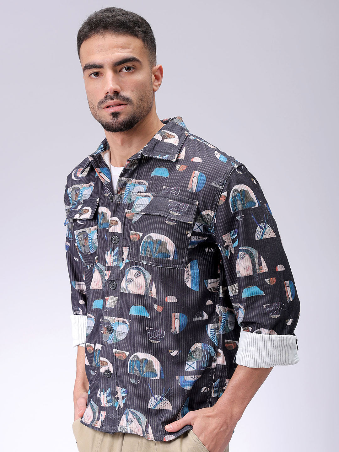 Men's Black Regular Fit Abstract Printed Streetwear Shirt