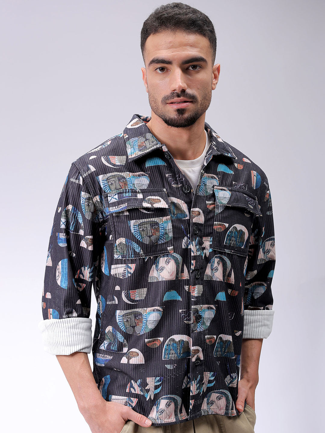 Men's Black Regular Fit Abstract Printed Streetwear Shirt