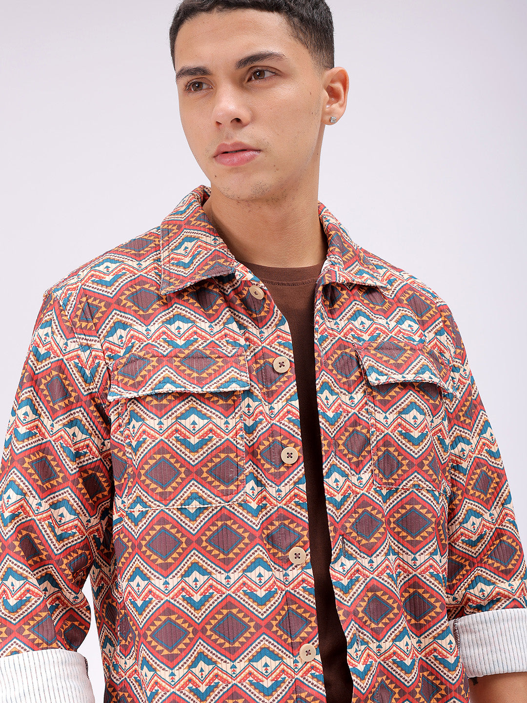 Men's Beige Regular Fit Aztec Streetwear Overshirt