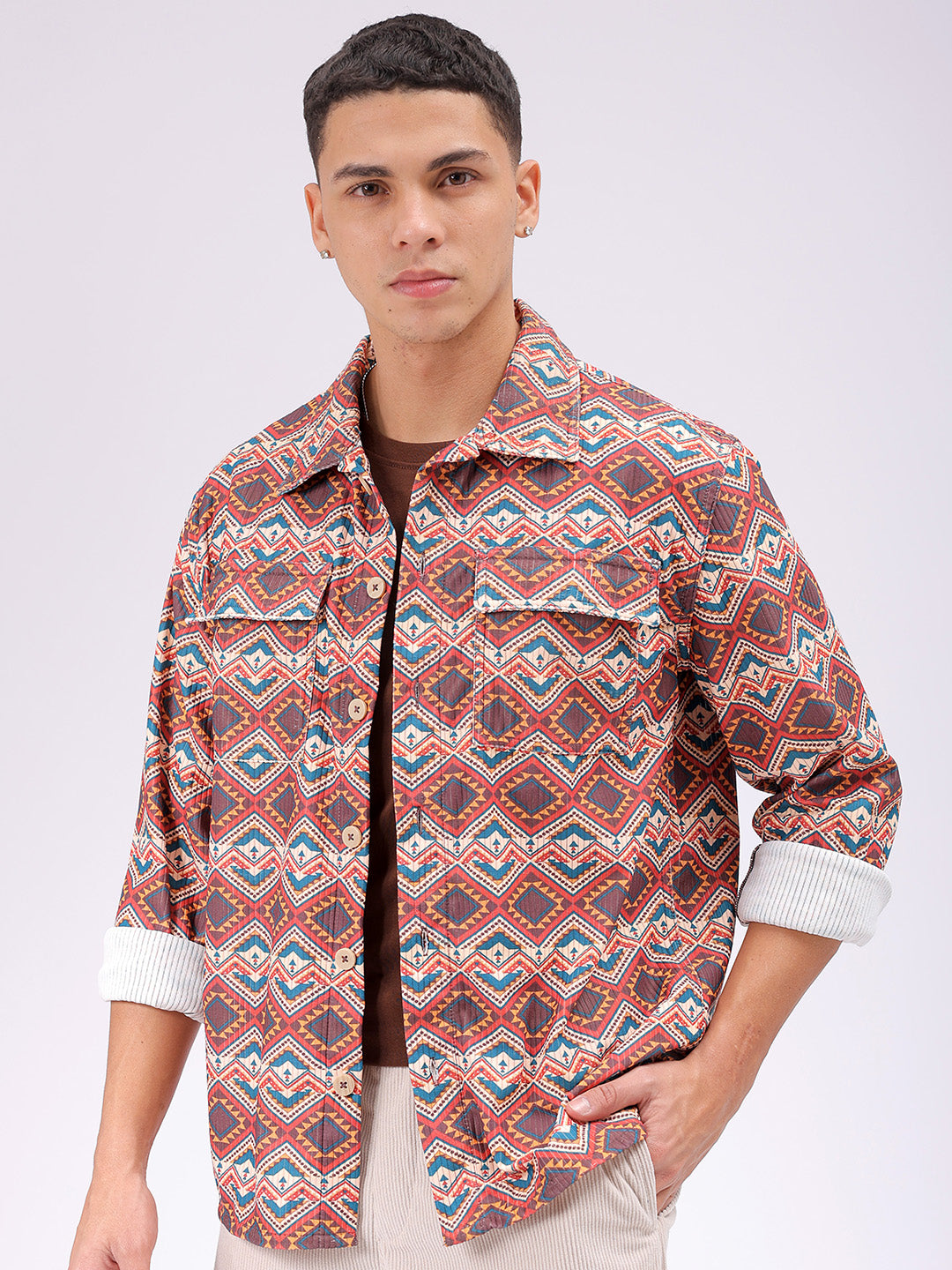 Men's Beige Regular Fit Aztec Streetwear Overshirt