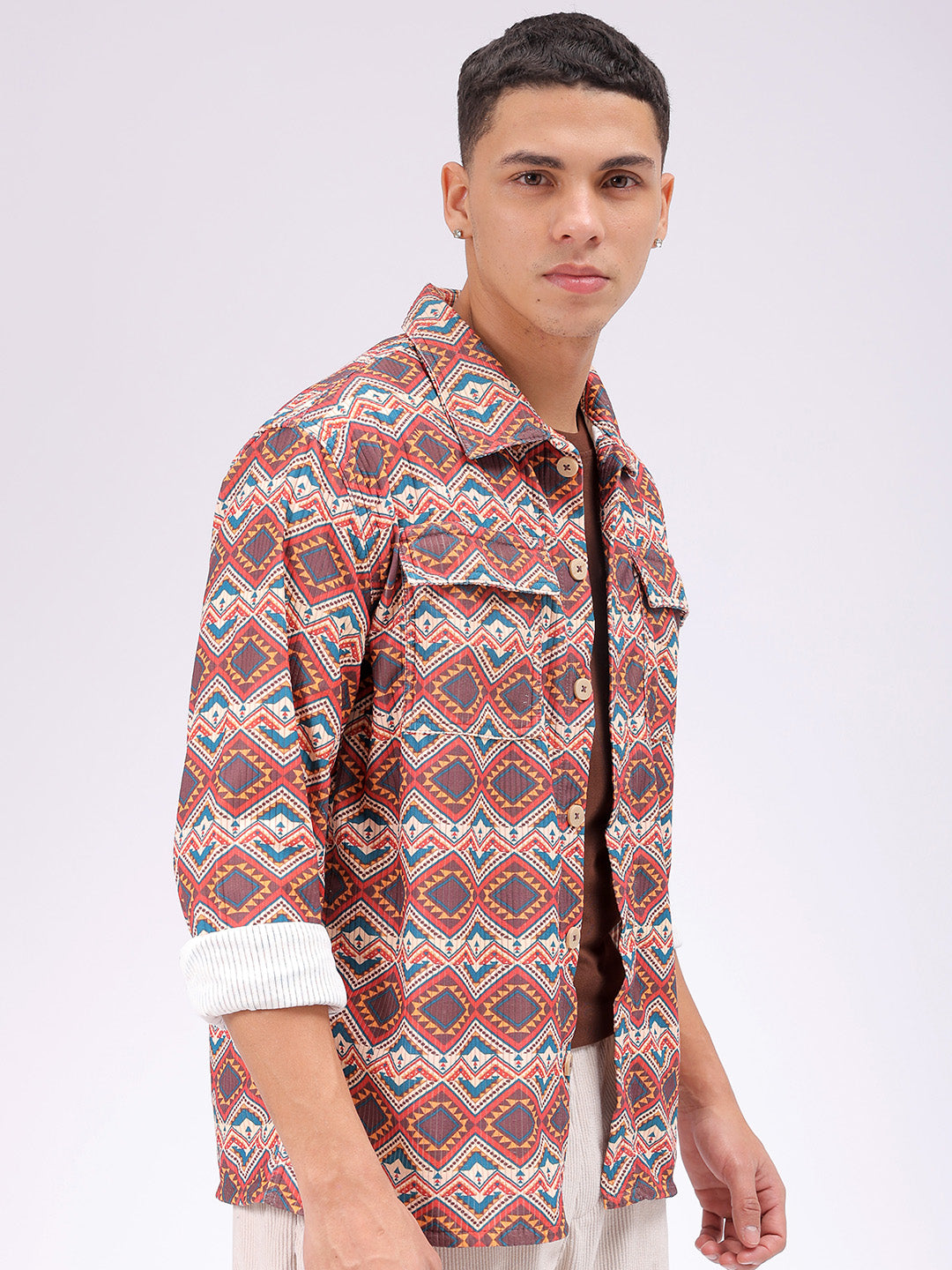 Men's Beige Regular Fit Aztec Streetwear Overshirt