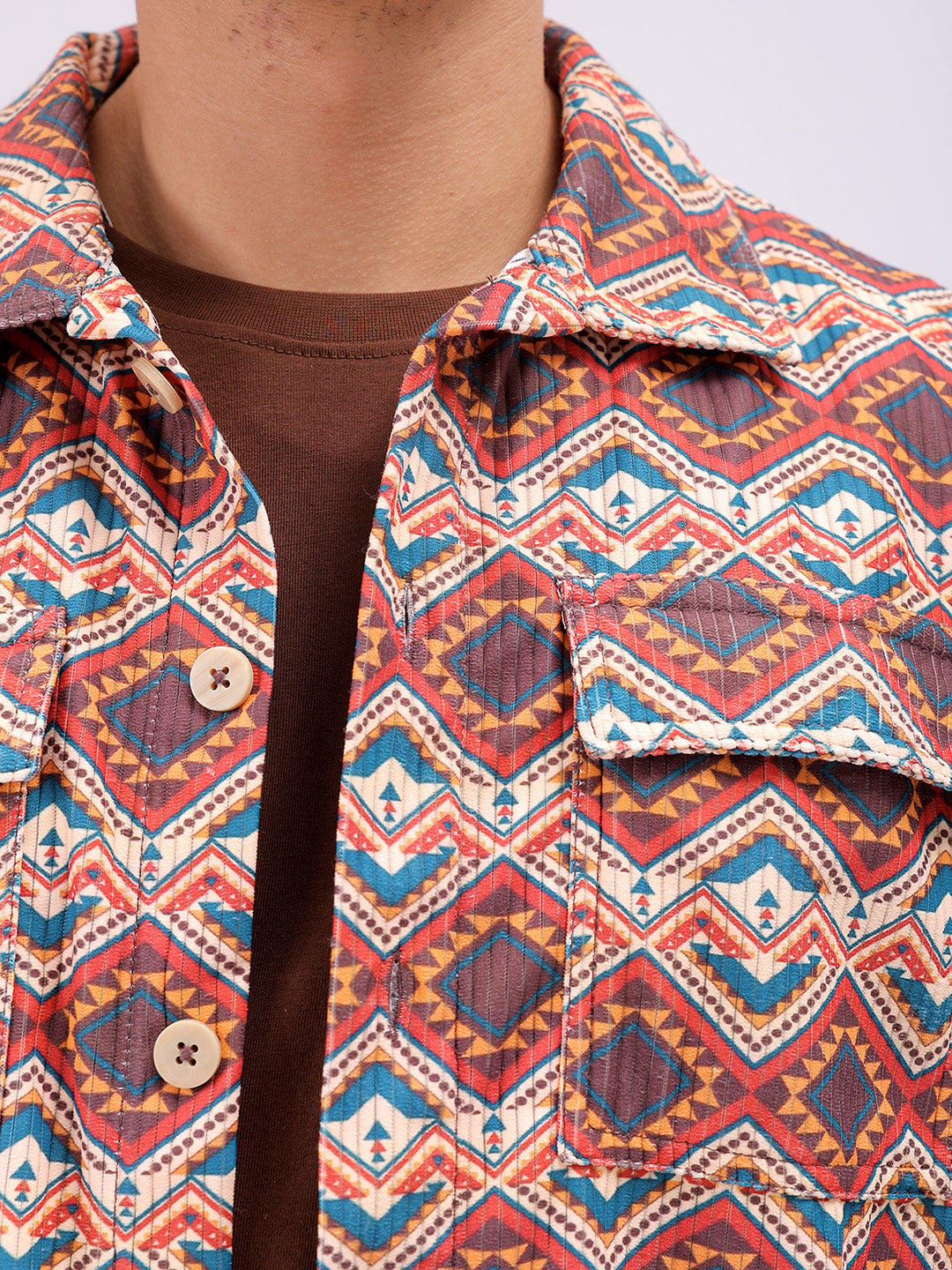 Men's Beige Regular Fit Aztec Streetwear Overshirt