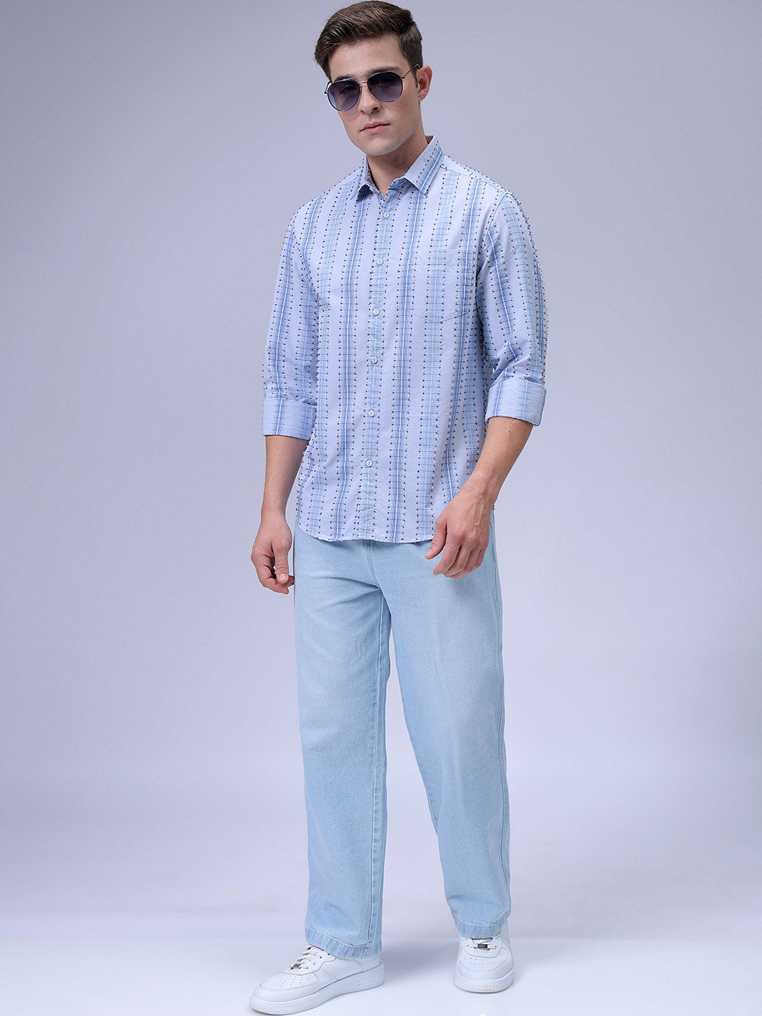 Men's Blue Slim Fit Textured Casual Shirt