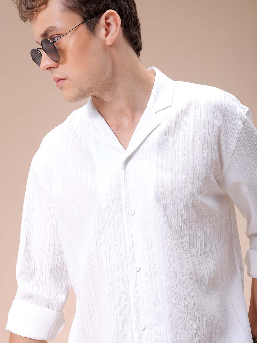 Men's White Relaxed Fit Textured Resortwear Shirt