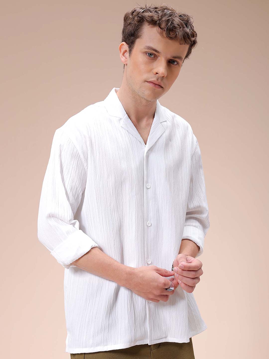 Men's White Relaxed Fit Textured Resortwear Shirt